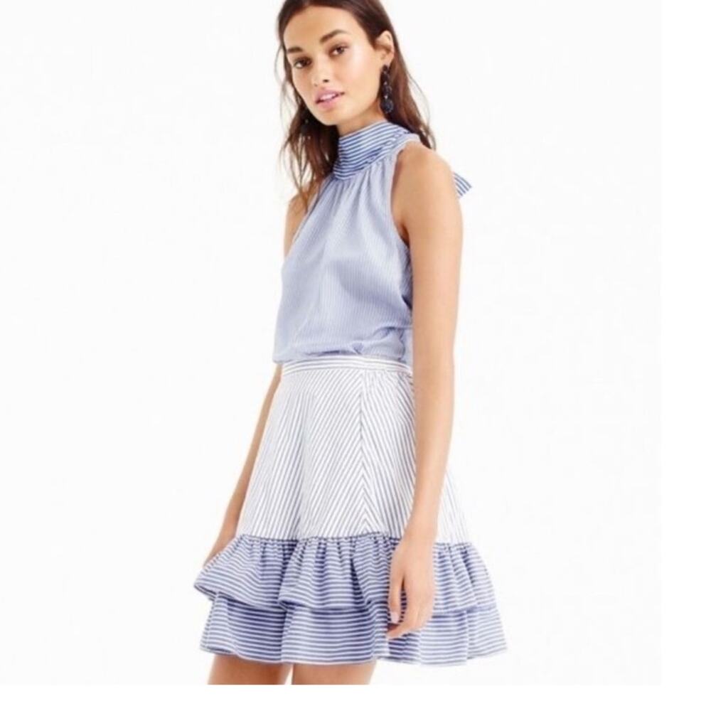 J CREW Mini Skirt Cocktail Hour Tiered Ruffle Blue White Cotton Stripe sz 2